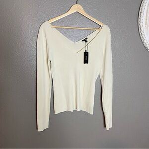 Express Cream Ribbed V-Neck Long Sleeve Top